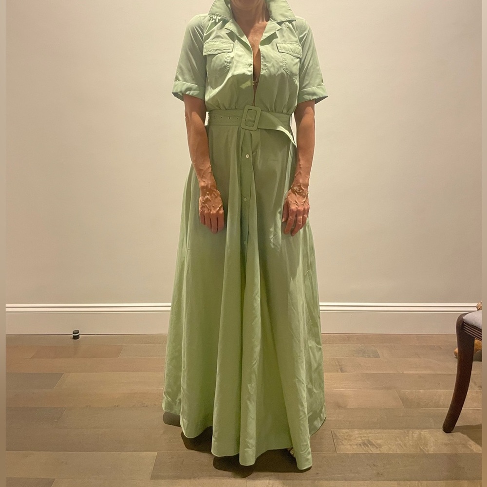 STAUD Pale Green Belted Maxi Shirt Dress